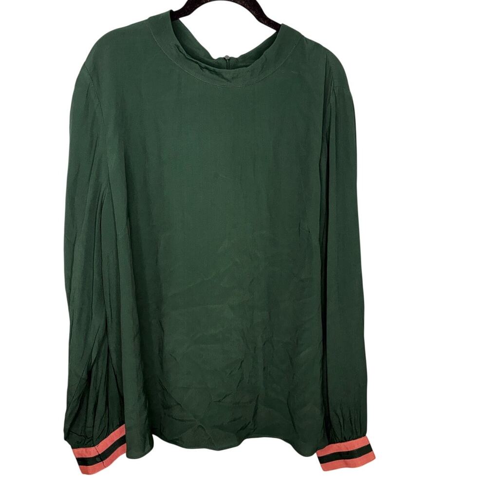 Boden Blouse Women's Plus Size 18 Forest Green Pink Striped Cuffs Flowy Office
